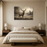 Misty Valley Stag Wildlife Portrait Wall Art Canvas Print showcased in an elegant minimalist interior