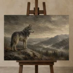 Mountain Wolf Wildlife Portrait Wall Art Canvas Print displayed on a studio easel