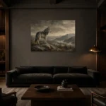 Mountain Wolf Wildlife Portrait Wall Art Canvas Print shown in a warm modern interior