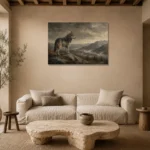 Mountain Wolf Wildlife Portrait Wall Art Canvas Print presented in a sophisticated home setting