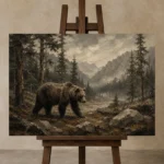 Mountain Bear Wildlife Portrait Wall Art Canvas Print displayed on a studio easel