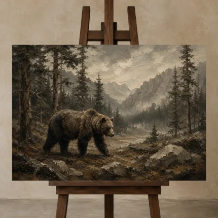 Mountain Bear Wildlife Portrait Wall Art Canvas Print displayed on a studio easel