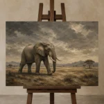 Savanna Elephant Wildlife Portrait Wall Art Canvas Print displayed on a studio easel