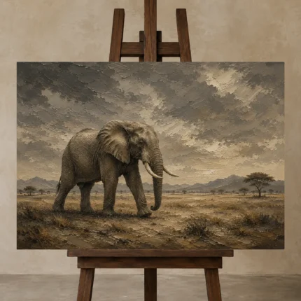 Savanna Elephant Wildlife Portrait Wall Art Canvas Print displayed on a studio easel