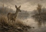 Misty Lakeside Doe Wildlife Portrait Wall Art Canvas Print