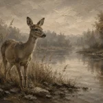 Misty Lakeside Doe Wildlife Portrait Wall Art Canvas Print