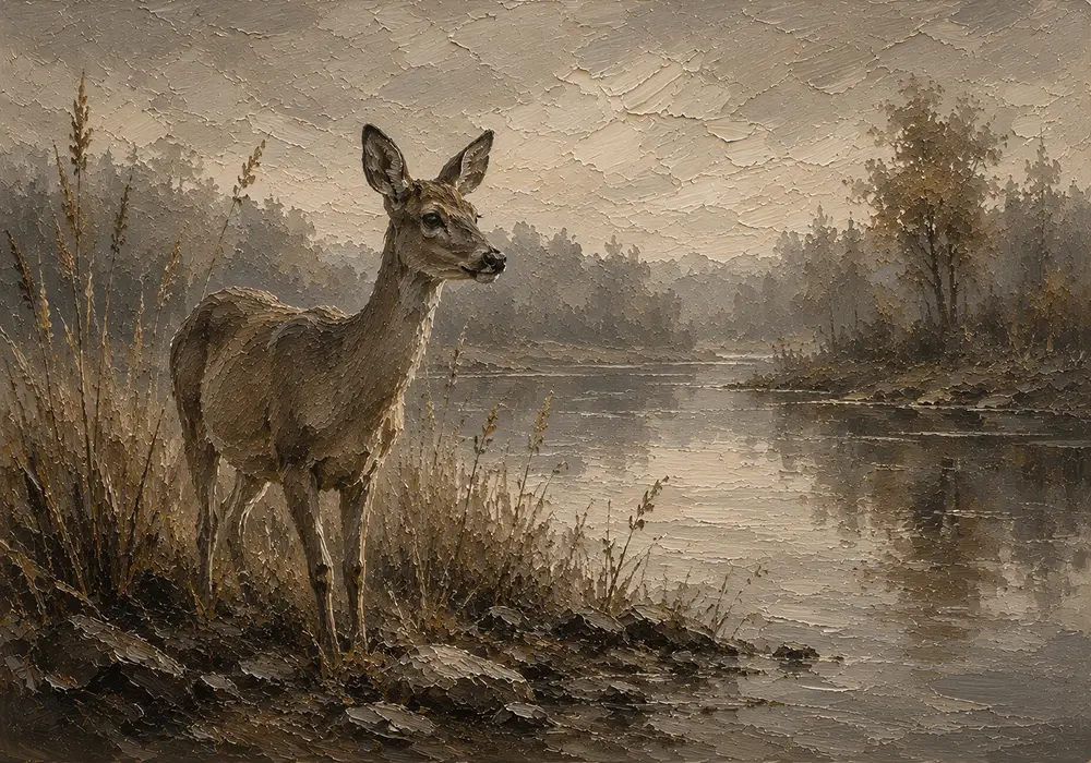 Misty Lakeside Doe Wildlife Portrait Wall Art Canvas Print