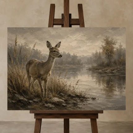 Misty Lakeside Doe Wildlife Portrait Wall Art Canvas Print displayed on a studio easel