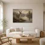 Misty Lakeside Doe Wildlife Portrait Wall Art Canvas Print styled in a refined neutral interior