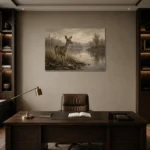 Misty Lakeside Doe Wildlife Portrait Wall Art Canvas Print displayed in a contemporary gallery-inspired room