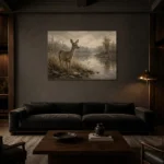 Misty Lakeside Doe Wildlife Portrait Wall Art Canvas Print shown in a warm modern interior