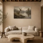 Misty Lakeside Doe Wildlife Portrait Wall Art Canvas Print presented in a sophisticated home setting