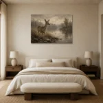 Misty Lakeside Doe Wildlife Portrait Wall Art Canvas Print showcased in an elegant minimalist interior