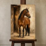 Chestnut Stable Horse Wall Art Canvas Print displayed on a studio easel