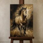 Golden Galloping Horse Wall Art Canvas Print displayed on a studio easel