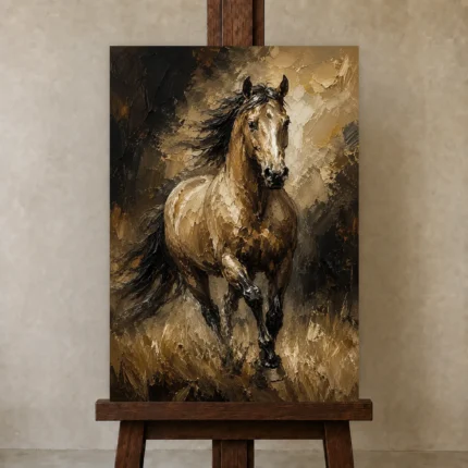 Golden Galloping Horse Wall Art Canvas Print shown in Studio Easel