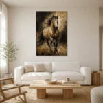 Golden Galloping Horse Wall Art Canvas Print styled in a refined neutral interior
