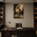 Golden Galloping Horse Wall Art Canvas Print displayed in a contemporary gallery-inspired room