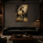 Golden Galloping Horse Wall Art Canvas Print shown in a warm modern interior
