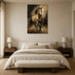 Golden Galloping Horse Wall Art Canvas Print showcased in an elegant minimalist interior