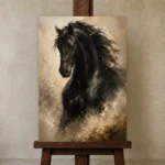 Black Stallion Horse Wall Art Canvas Print displayed on a studio easel
