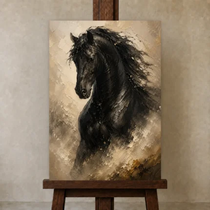 Black Stallion Horse Wall Art Canvas Print shown in Studio Easel