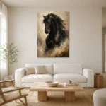 Black Stallion Horse Wall Art Canvas Print styled in a refined neutral interior