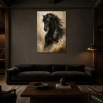 Black Stallion Horse Wall Art Canvas Print shown in a warm modern interior