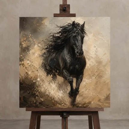 Midnight Stallion Horse Wall Art Canvas Print displayed on a studio easel