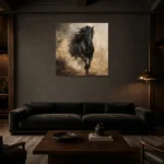 Midnight Stallion Horse Wall Art Canvas Print shown in a warm modern interior