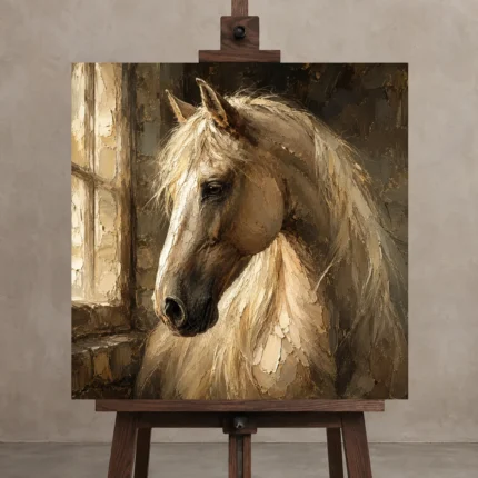 Ivory Window Horse Wall Art Canvas Print displayed on a studio easel