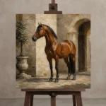 Courtyard Chestnut Horse Wall Art Canvas Print displayed on a studio easel