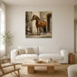Courtyard Chestnut Horse Wall Art Canvas Print styled in a refined neutral interior