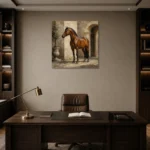 Courtyard Chestnut Horse Wall Art Canvas Print displayed in a contemporary gallery-inspired room