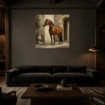 Courtyard Chestnut Horse Wall Art Canvas Print shown in a warm modern interior