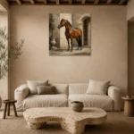 Courtyard Chestnut Horse Wall Art Canvas Print presented in a sophisticated home setting