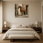 Courtyard Chestnut Horse Wall Art Canvas Print showcased in an elegant minimalist interior