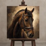 Bridled Chestnut Horse Wall Art Canvas Print displayed on a studio easel