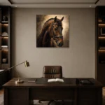 Bridled Chestnut Horse Wall Art Canvas Print displayed in a contemporary gallery-inspired room