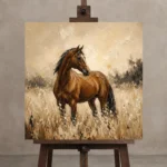 Golden Meadow Horse Wall Art Canvas Print displayed on a studio easel