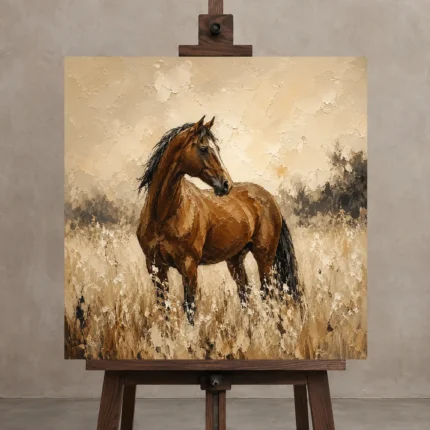 Golden Meadow Horse Wall Art Canvas Print shown in Studio Easel