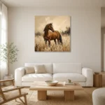 Golden Meadow Horse Wall Art Canvas Print styled in a refined neutral interior