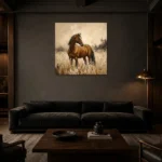 Golden Meadow Horse Wall Art Canvas Print shown in a warm modern interior