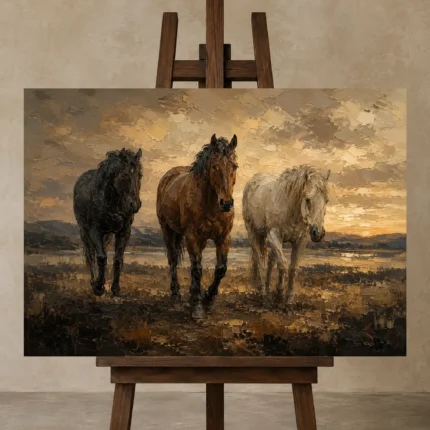 Running Chestnut Horse Wall Art Canvas Print displayed on a studio easel