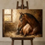 Ivory and Black Horses Horse Wall Art Canvas Print displayed on a studio easel