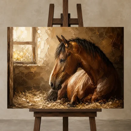 Ivory and Black Horses Horse Wall Art Canvas Print displayed on a studio easel