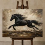 Black Running Stallion Horse Wall Art Canvas Print displayed on a studio easel