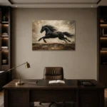 Black Running Stallion Horse Wall Art Canvas Print displayed in a contemporary gallery-inspired room