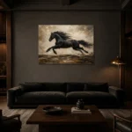 Black Running Stallion Horse Wall Art Canvas Print shown in a warm modern interior