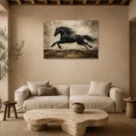 Black Running Stallion Horse Wall Art Canvas Print presented in a sophisticated home setting